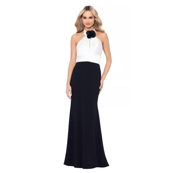 Betsy & Adam Flower-Trim Halter Neck Sleeveless Gown NWT Size 10 Black And White - Picture 1 of 10